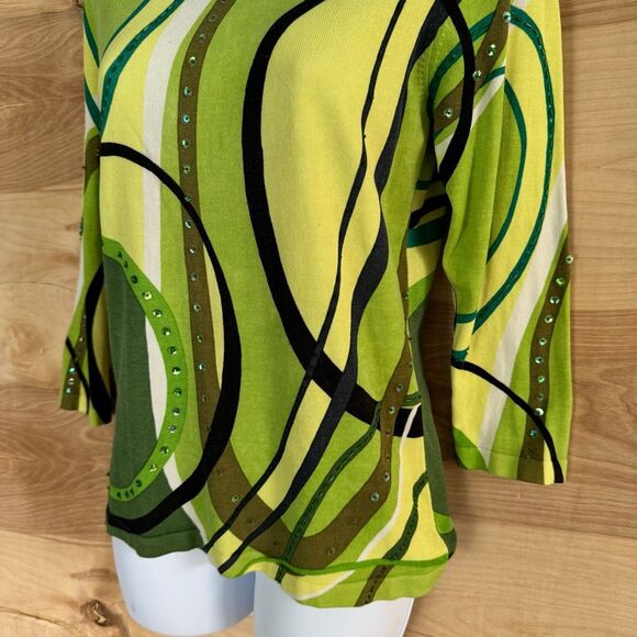 Vintage 70s Green Silk Abstract Sequin Beaded Shirt S - Picture 3 of 6